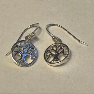 Tree of Life Circle 925 Solid Sterling Silver French Hook Dangle Earrings, 1.65g